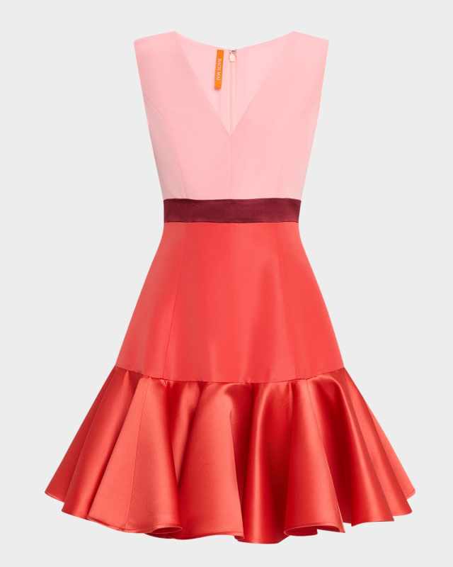 V-Neck Colorblock Flounce Mini Dress